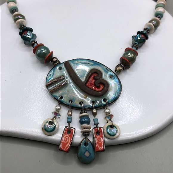 Vintage artisan handmade ceramic heart beaded necklace romantic whimsy boho. - Picture 2 of 8
